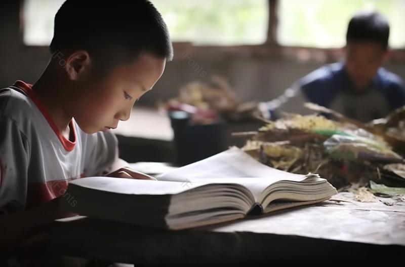 乡下小孩正在破旧的屋子里看书,高清,摄影图,摄影图片,图片大全,摄影图免费下载